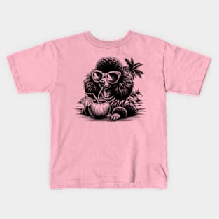 poodle dog wearing sunglasses drinking a coconut drink on a tropical beach Kids T-Shirt